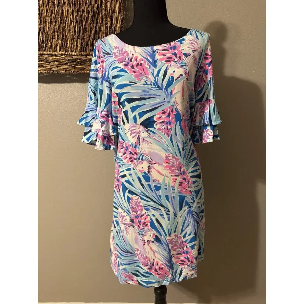 Lilly Pulitzer Dress M Blue Pink White Stretch Shift Short Ruffle Sleeve - Picture 3 of 13